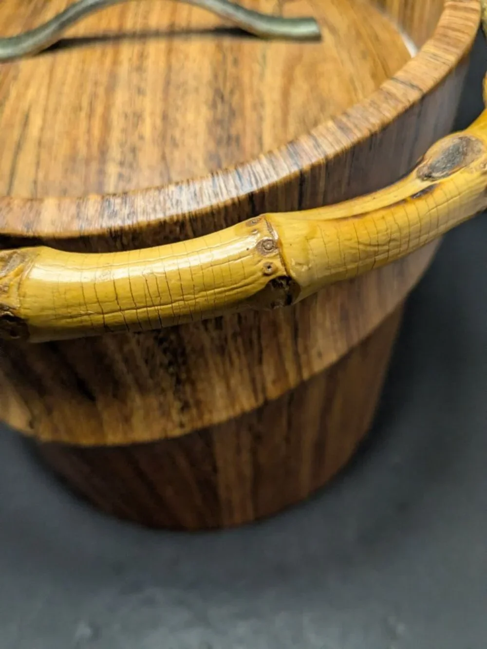 Vtg. Bamboo Handle Faux Wood Ice Bucket by Kraftware MCM Tiki Barware Kitch